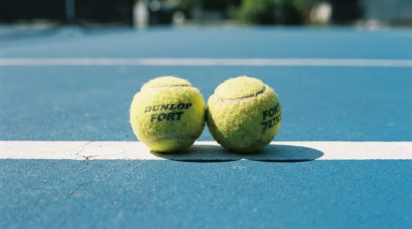 Zwei Tennisbälle liegen auf der weissen Grundlinie eines Hartplatzes im grellen Sonnenlicht.