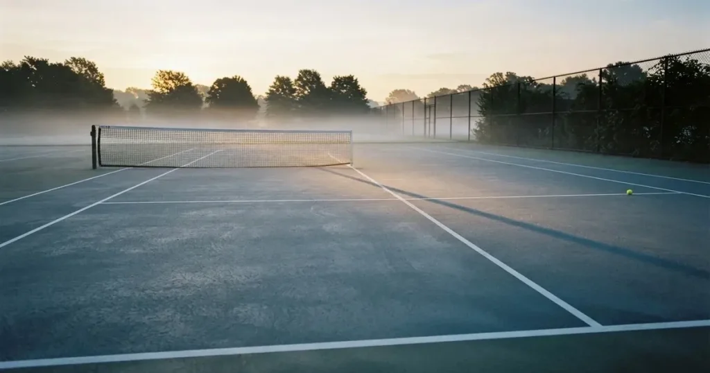 Ein leerer Tennisplatz im Morgengrauen, der Netzschatten fällt lang über den Platz, über der Grundlinie liegt leichter Nebel.