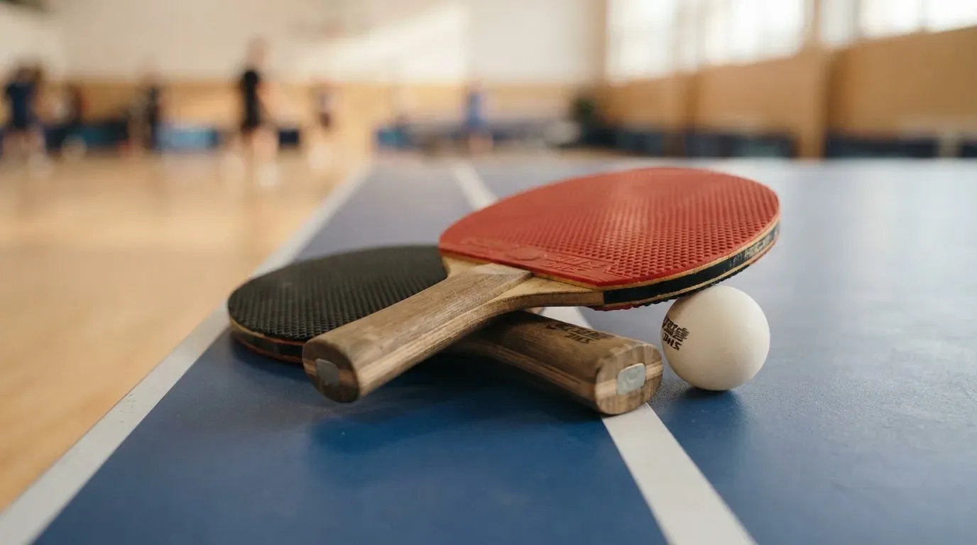 Zwei Tischtennisschläger liegen gekreuzt am Rand einer Platte, daneben ein kleiner weisser Ball.