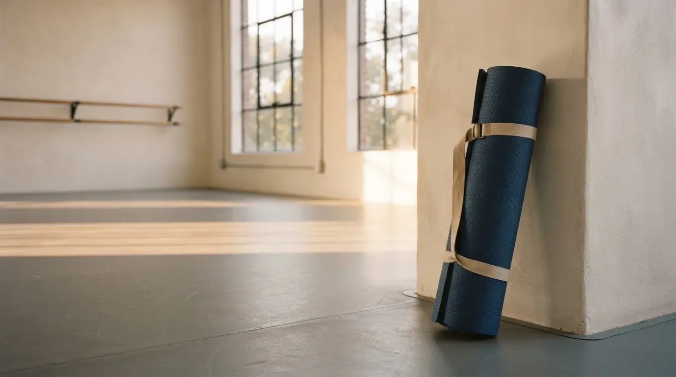 Eine zusammengerollte Trainingsmatte in der Ecke eines leeren Fitnessraums, durch hohe Fenster fällt Morgenlicht.