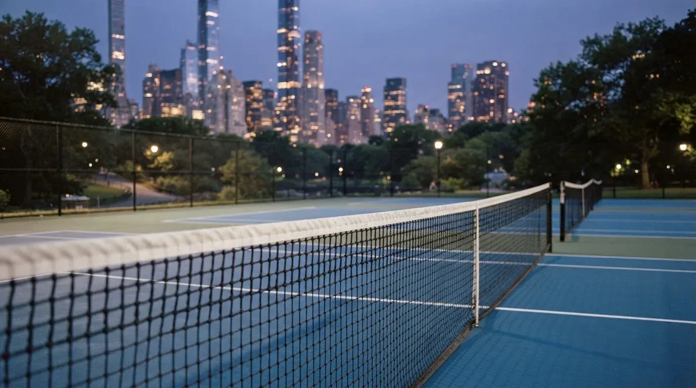 Die Hochhäuser einer Grossstadt in der Dämmerung, gesehen von einem Park, im Vordergrund ein gespanntes Tennisnetz.