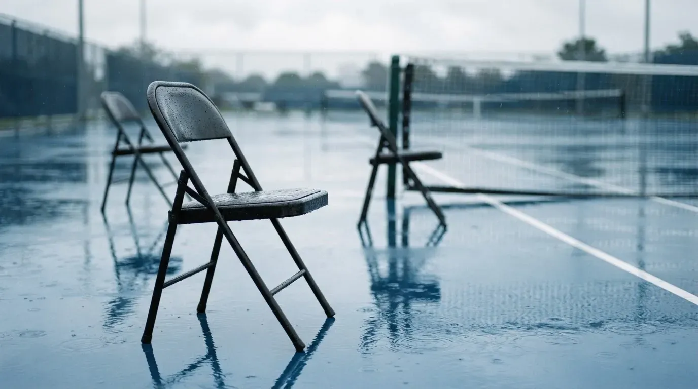 Leere Klappstühle an der Seitenlinie eines Hartplatzes nach Regen, die nasse Fläche spiegelt den grauen Himmel.