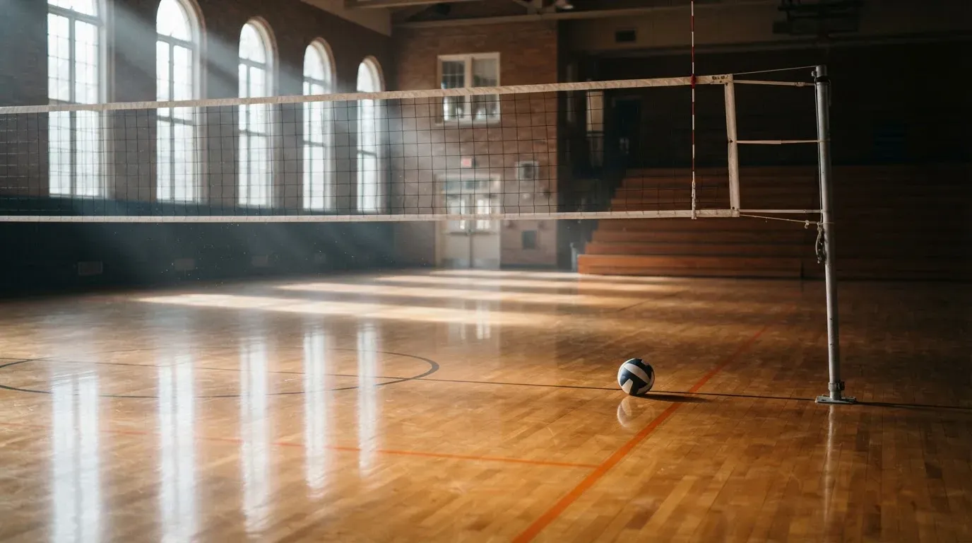 Eine Sporthalle mit gespanntem Volleyballnetz über poliertem Holzboden, hohe Fenster lassen Tageslicht herein.