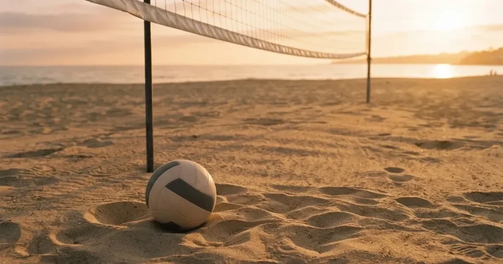 Ein Volleyball liegt im Sand eines Beachplatzes, zwischen zwei Pfosten ist ein Netz gespannt, tiefe Abendsonne wirft lange Schatten.