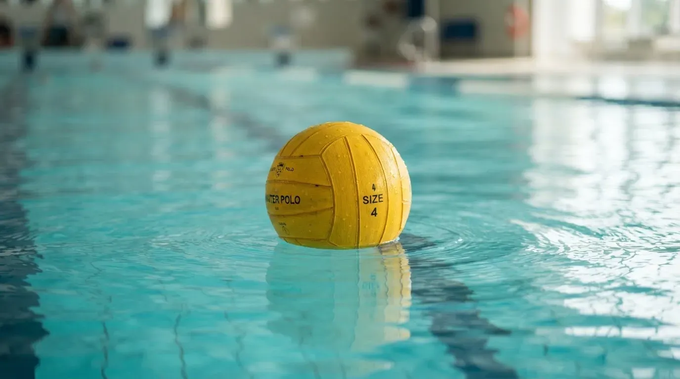 Ein gelber Ball treibt auf ruhigem türkisfarbenem Beckenwasser, feine Wellen im weichen Licht.