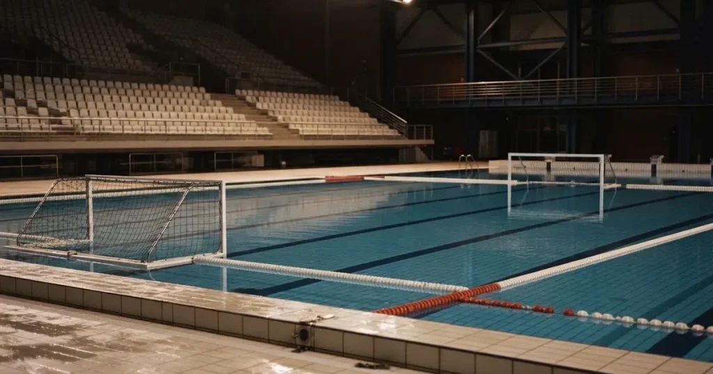 Ein Wasserballbecken am Abend mit zwei schwimmenden Torrahmen an den Enden, ruhiges blaues Wasser, leere Ränge.