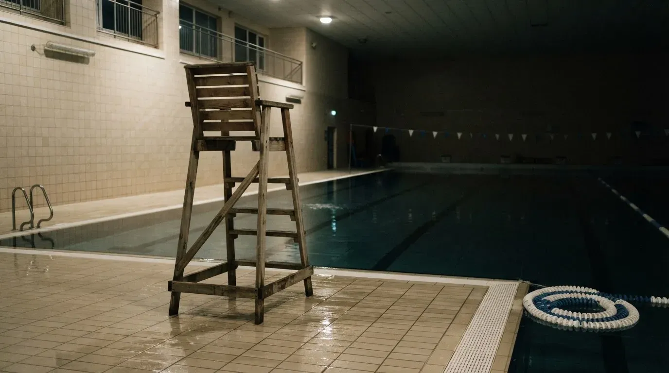 Ein Bademeisterstuhl neben einem Hallenbad zur Schliesszeit, gedimmtes Licht, glatte Wasseroberfläche.