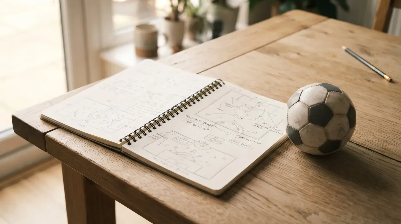 Ein aufgeschlagenes Notizbuch mit Bleistiftskizzen und ein kleiner Fussball liegen auf einem Holztisch im Tageslicht.