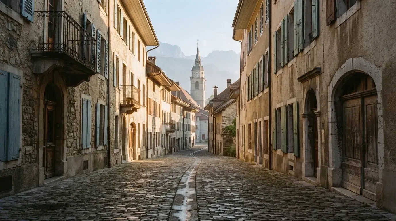 Eine ruhige Gasse in einer Schweizer Altstadt mit Kopfsteinpflaster am frühen Morgen, im Hintergrund ein Kirchturm und Berge im Dunst.
