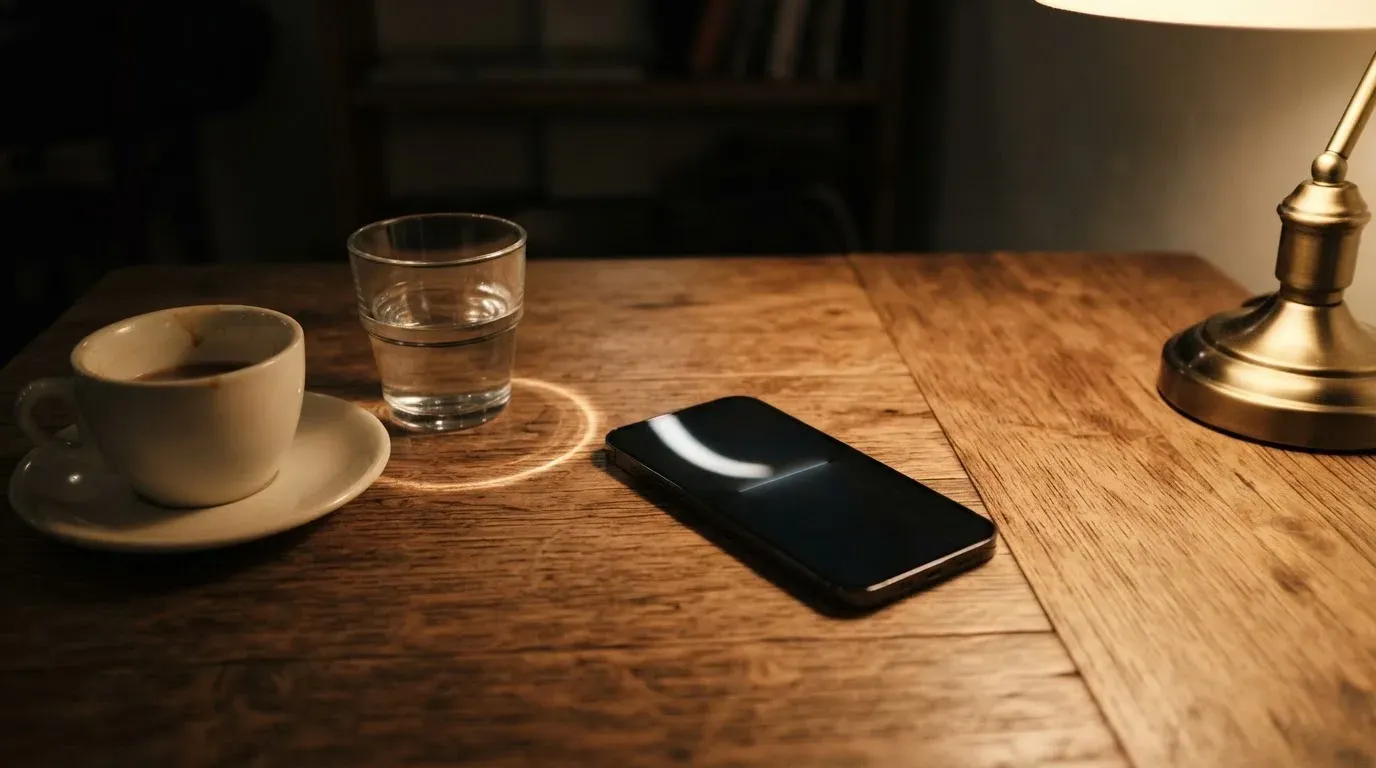 Ein Smartphone mit dunklem Display liegt neben einer Kaffeetasse und einem Glas Wasser auf einem Holztisch im Licht einer Lampe.