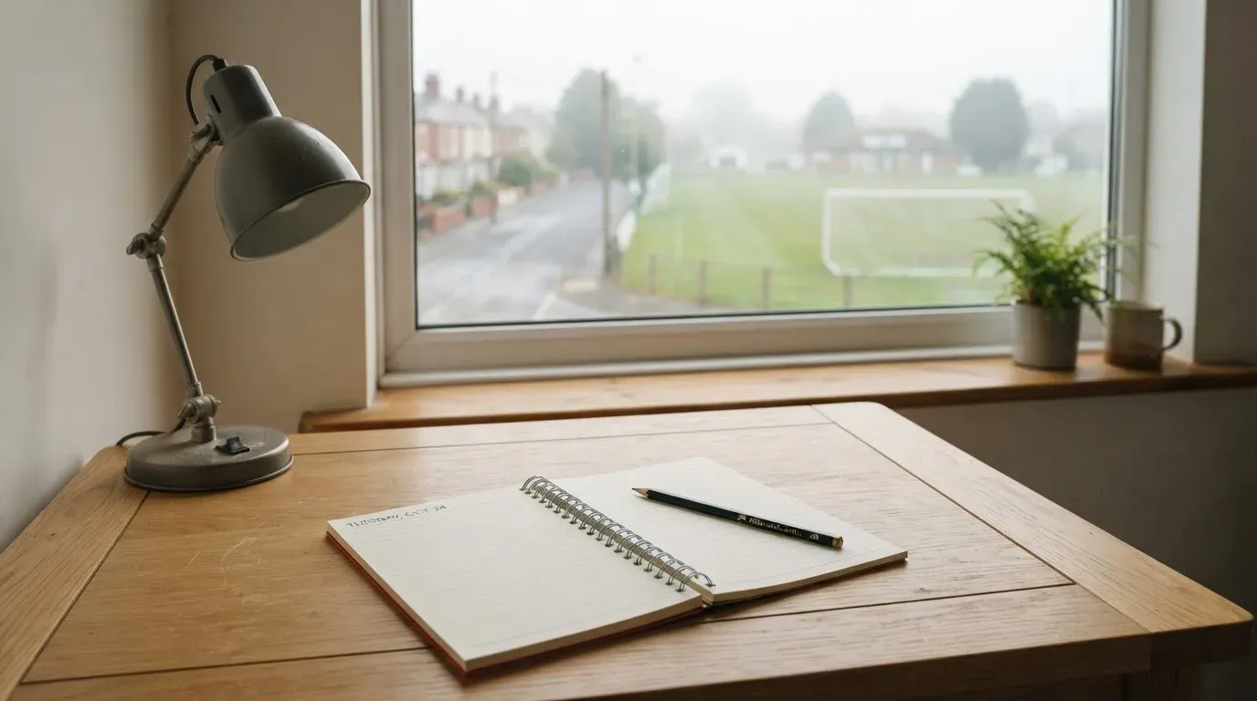 Ein Schreibtisch am Fenster mit Schreibtischlampe, Bleistift und leerem Block, draussen liegt ein Fussballplatz im Dunst.