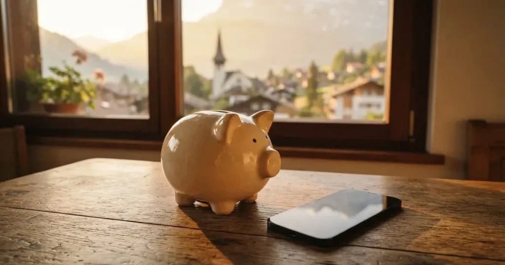 Ein Sparschwein aus Keramik steht auf einem Küchentisch neben einem Smartphone mit dunklem Display, im Fenster dahinter ein Schweizer Dorf im Morgenlicht.