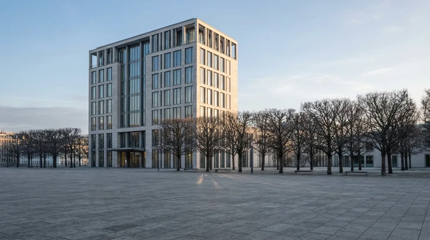 Ein Verwaltungsgebäude aus Glas und Stein steht an einem leeren Platz am frühen Morgen, davor eine Reihe kahler Bäume.