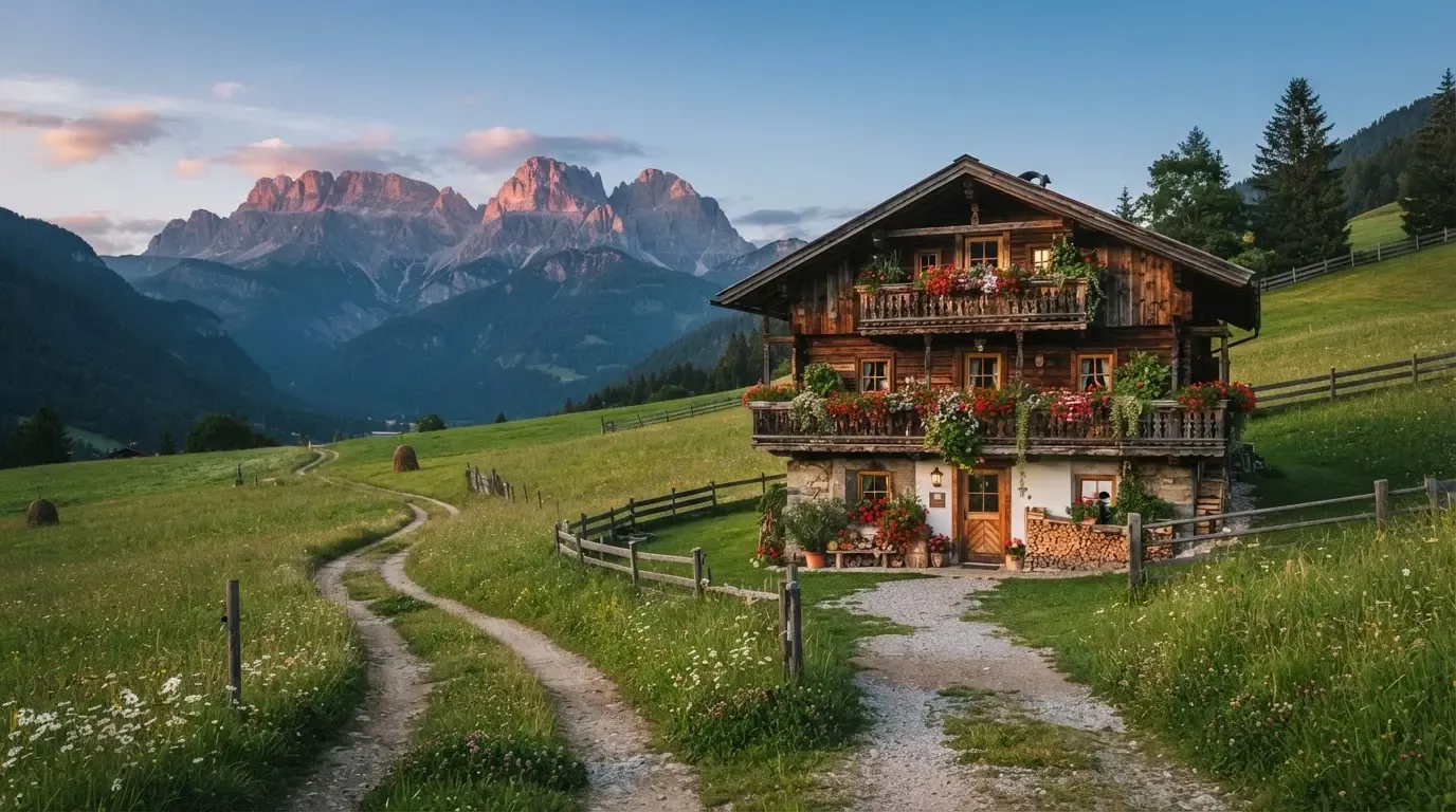 Ein Holzchalet mit Blumenkästen steht vor einer Bergkette im Abendlicht, davor führt ein leerer Feldweg durch eine Wiese.