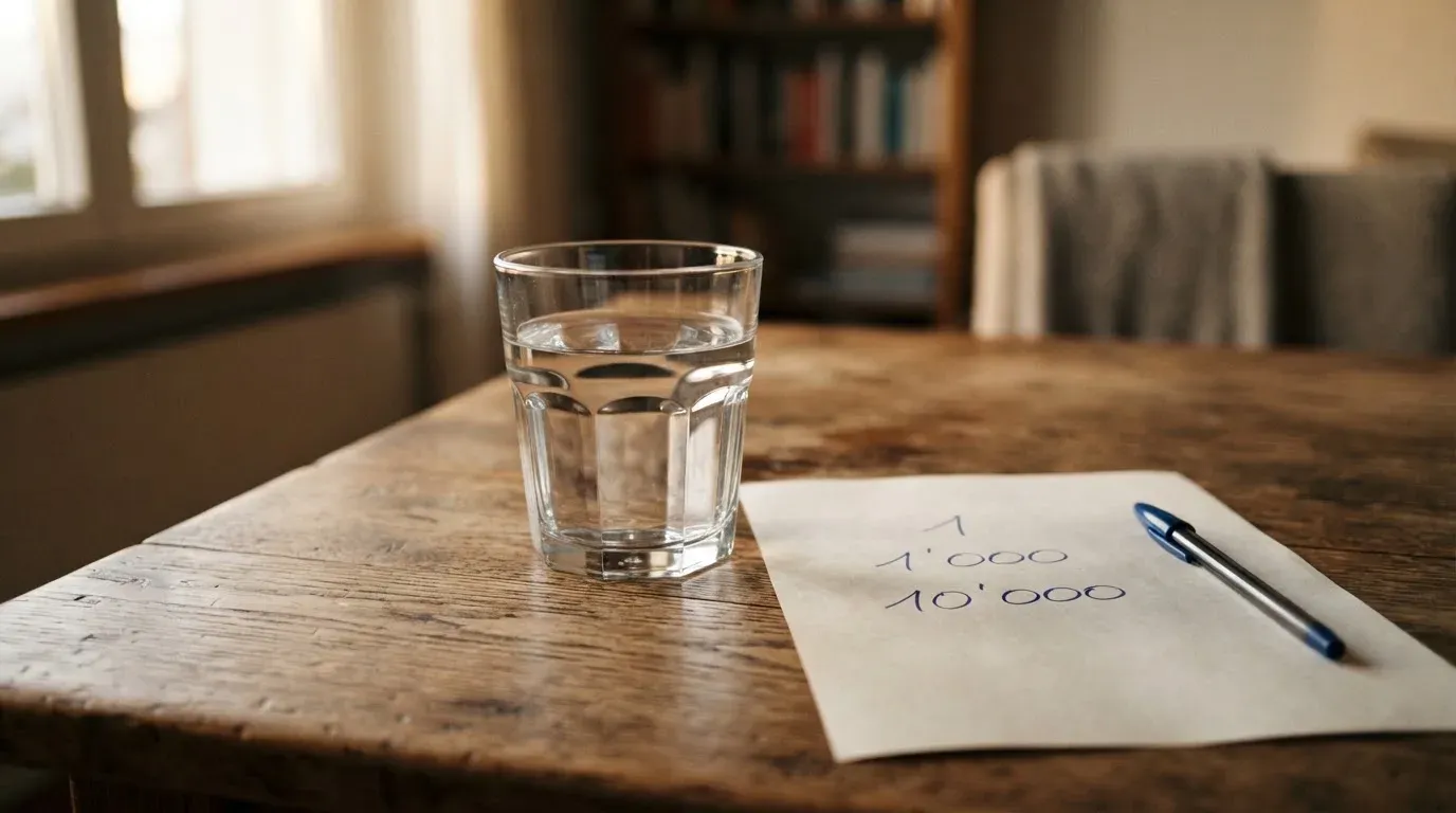 Ein Glas steht bis zum Rand gefüllt auf einem Holztisch, daneben ein Kugelschreiber und ein leeres Blatt Papier im Seitenlicht.