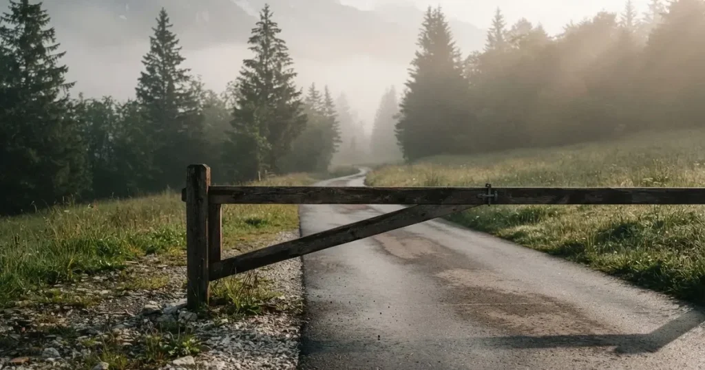 Eine geschlossene Schranke steht an einer ruhigen Bergstrasse im Morgennebel, dahinter Tannen und eine nasse Wiese.