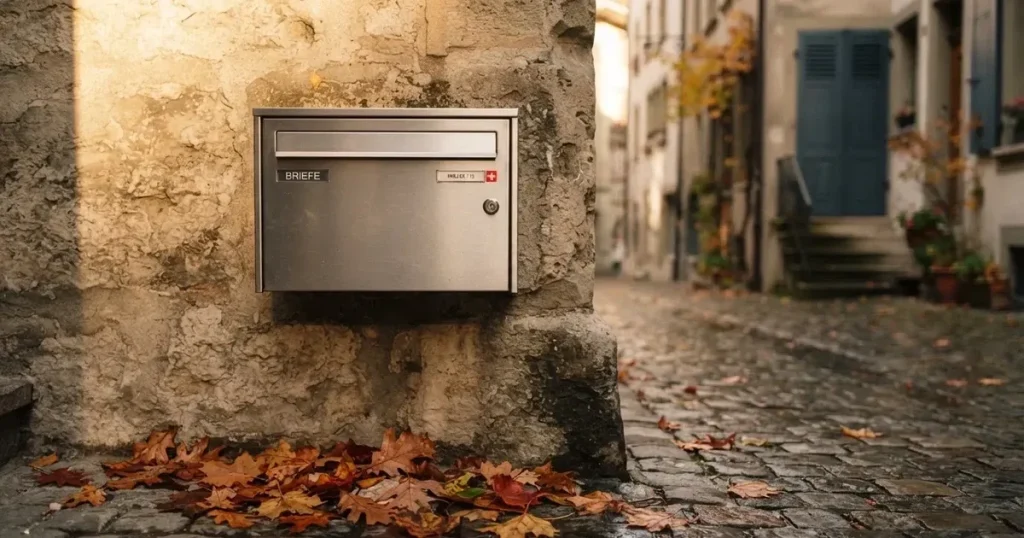 Ein Briefkasten aus Metall hängt an einer Steinmauer in einer Schweizer Gasse, Herbstlaub liegt auf dem Pflaster.