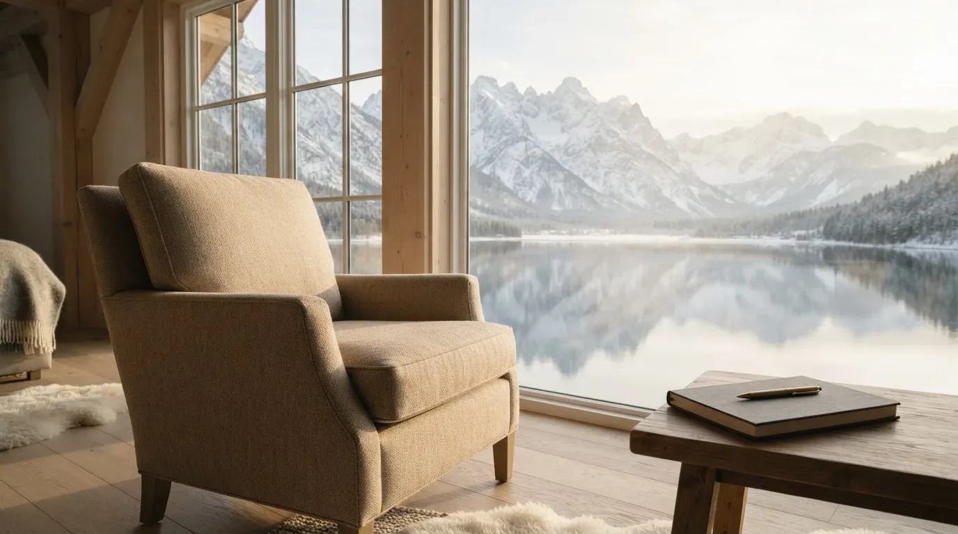 Ein leerer Sessel steht an einem Fenster mit Blick auf einen ruhigen See und schneebedeckte Berge im Morgenlicht.