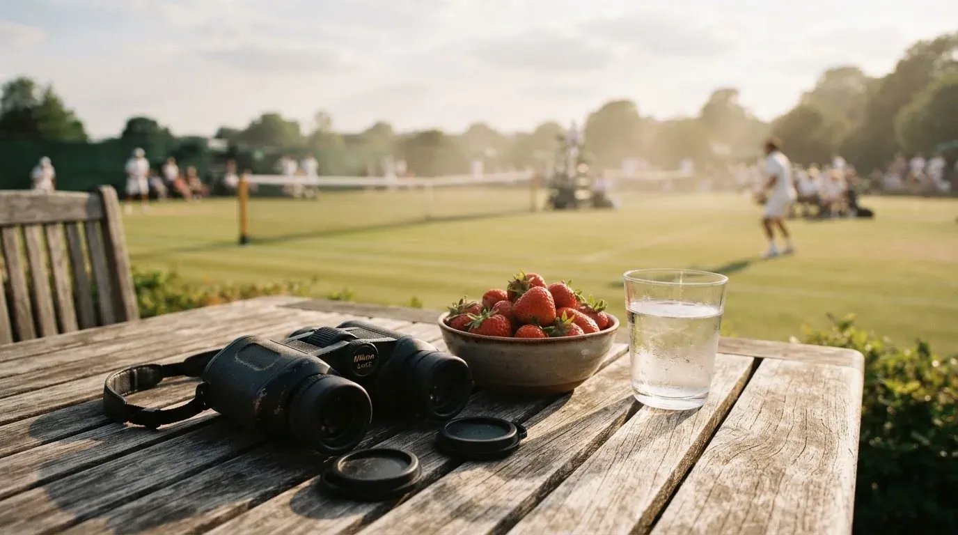 Ein Fernglas liegt auf einem Gartentisch neben einer Schale Erdbeeren und einem Glas Wasser, dahinter ein Rasenplatz im Dunst.