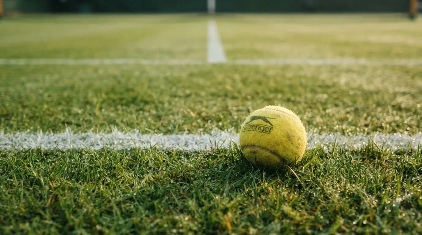 Ein gelber Tennisball liegt im Gras neben der weissen Grundlinie, Tau glitzert auf den Halmen im flachen Sonnenlicht.