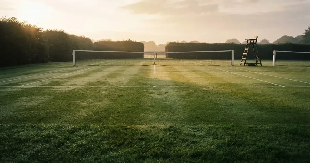 Ein Tennisplatz aus Rasen im ersten Morgenlicht mit frisch gezogenen Linien, einem Netz und einem leeren Schiedsrichterstuhl, dahinter hohe Hecken.