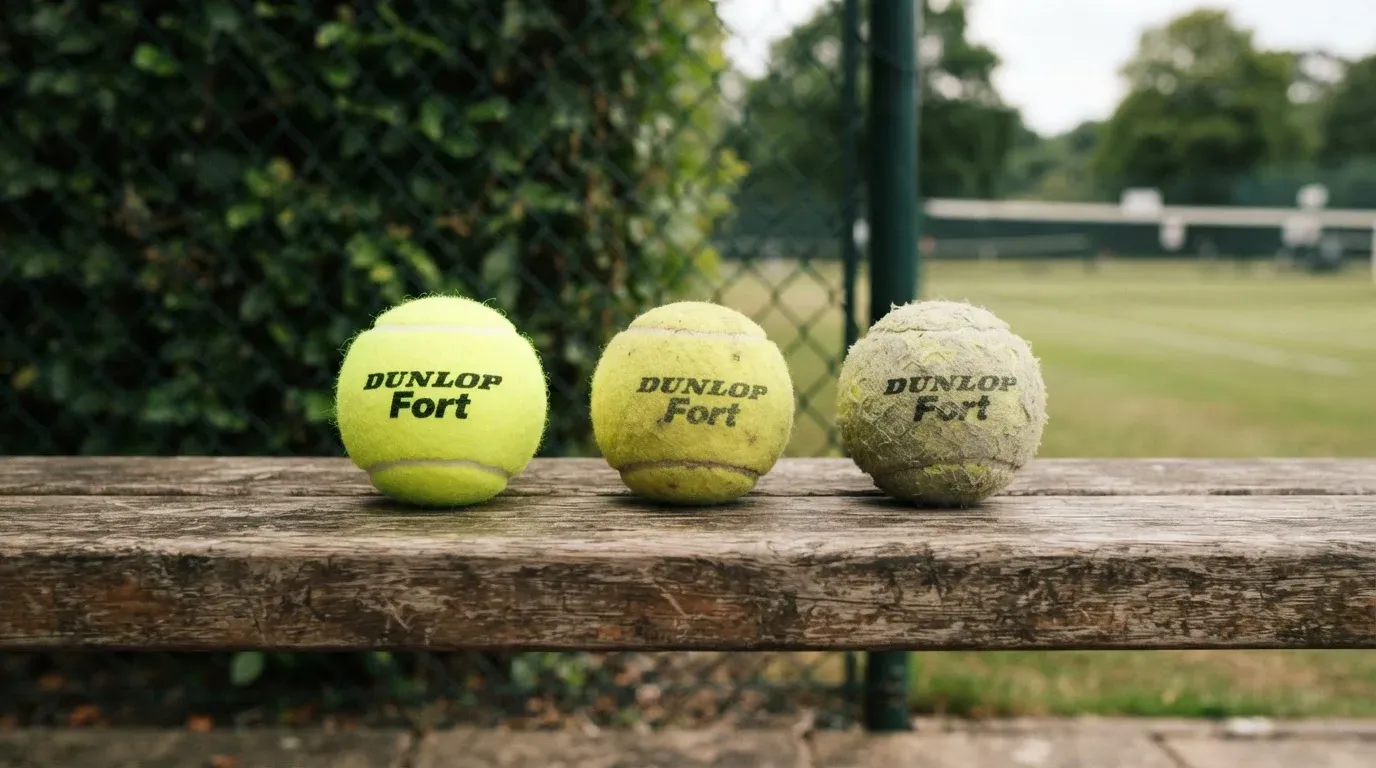 Mehrere Tennisbälle in unterschiedlichem Abnutzungsgrad liegen nebeneinander auf einer hölzernen Bank, im Hintergrund ein grüner Zaun.