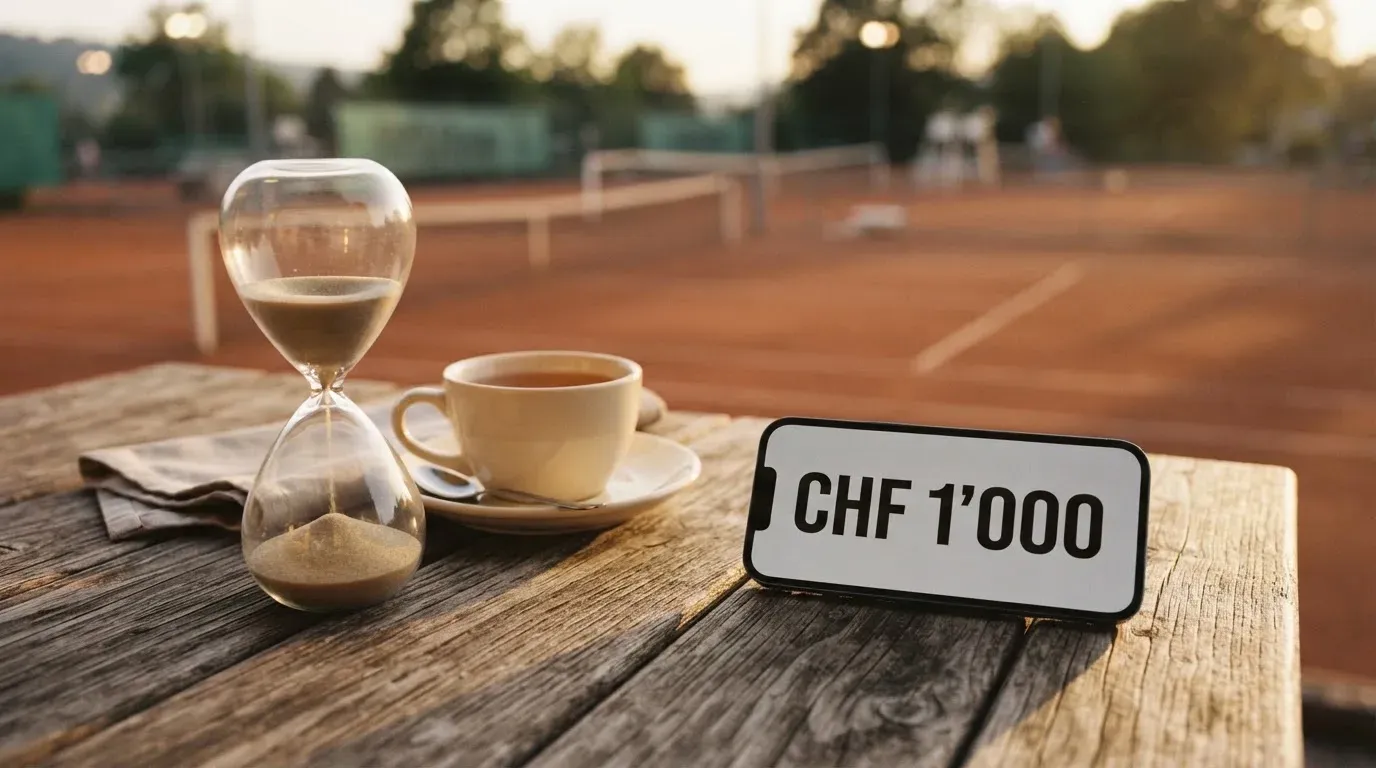 Eine Sanduhr steht auf einem Tisch neben einer Tasse Tee, im Hintergrund ein unscharfer Tennisplatz im Abendlicht.