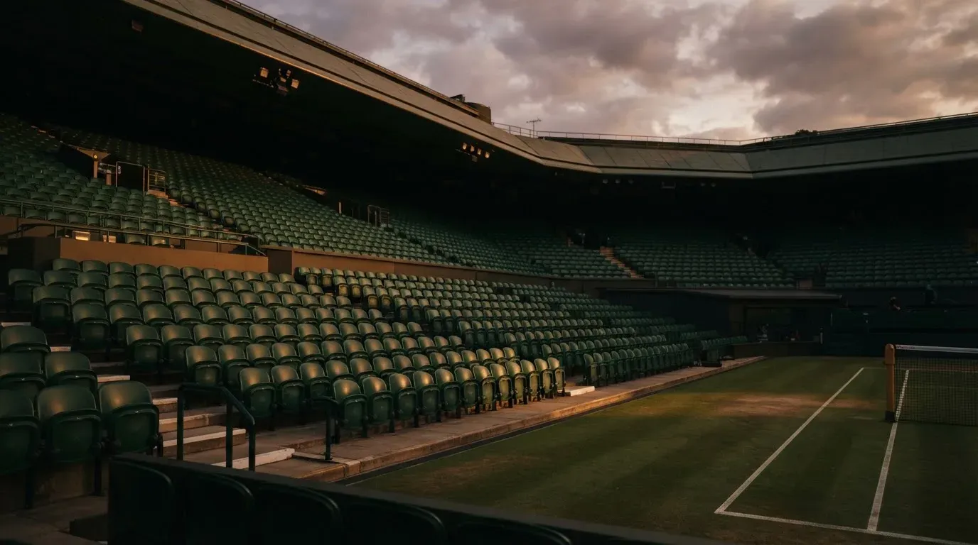 Die leere Tribüne eines Tennisstadions im Abendlicht, die Sitzreihen in Dunkelgrün, über dem Dach ziehen Wolken.