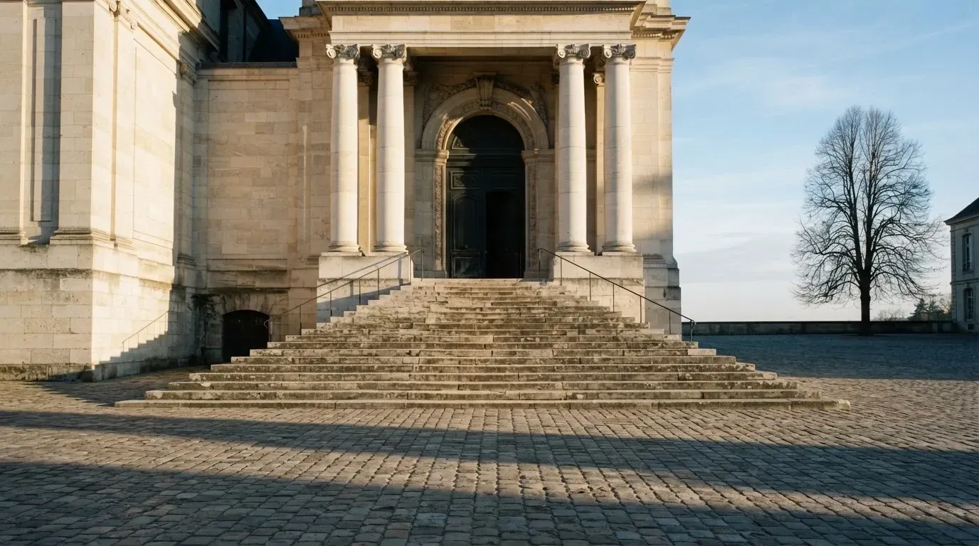 Eine steinerne Treppe führt zu einem Portal mit Säulen im Morgenlicht, der Platz davor ist leer.