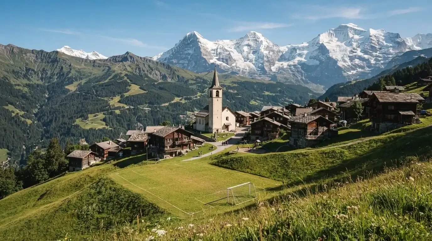Ein Schweizer Bergdorf mit Kirchturm und einem kleinen Fussballplatz am Hang, im Hintergrund schneebedeckte Gipfel.