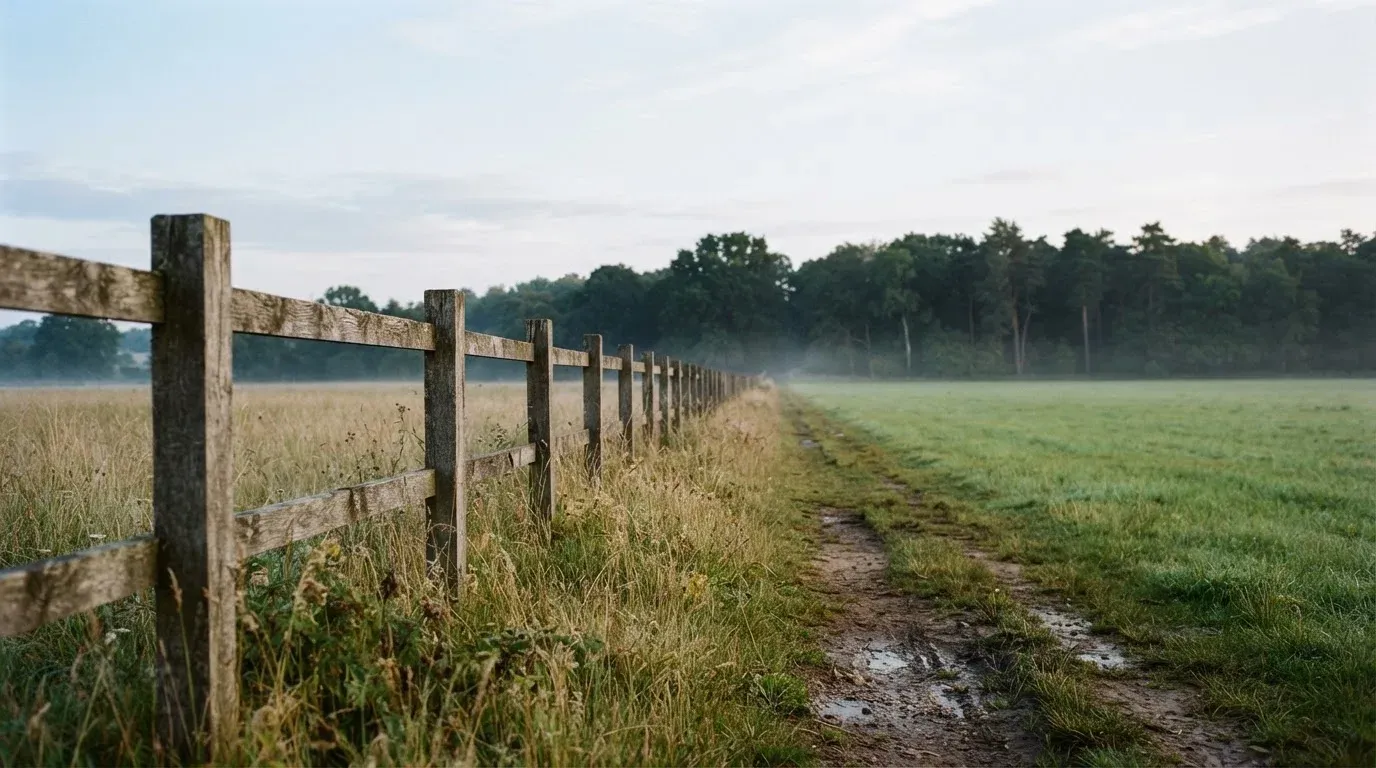 Ein Holzzaun trennt zwei Wiesen entlang eines Feldwegs, dahinter ein Waldrand im diffusen Morgenlicht.