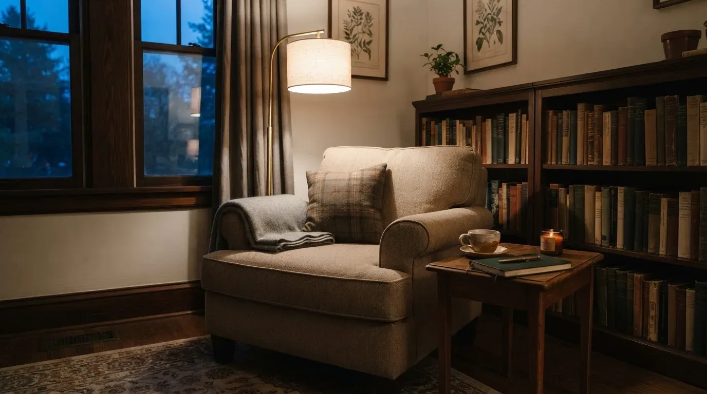 Ein Lesesessel mit Wolldecke steht neben einem Bücherregal und einer Stehlampe, auf dem Tisch eine Teetasse.