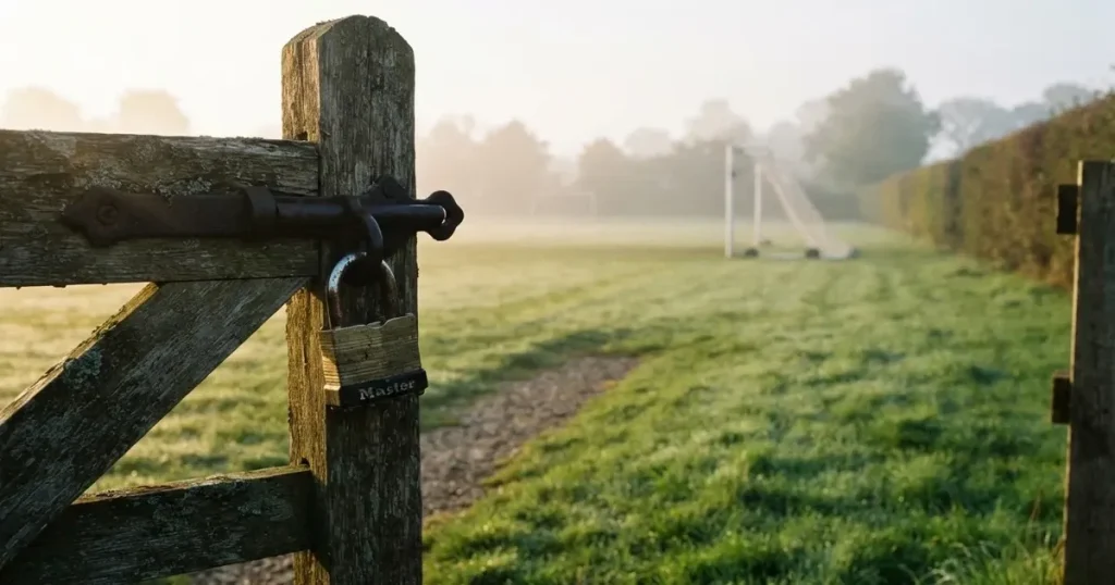 Ein Vorhängeschloss hängt an einem Holztor neben einem Fussballplatz im Morgenlicht, der Rasen ist taufeucht.