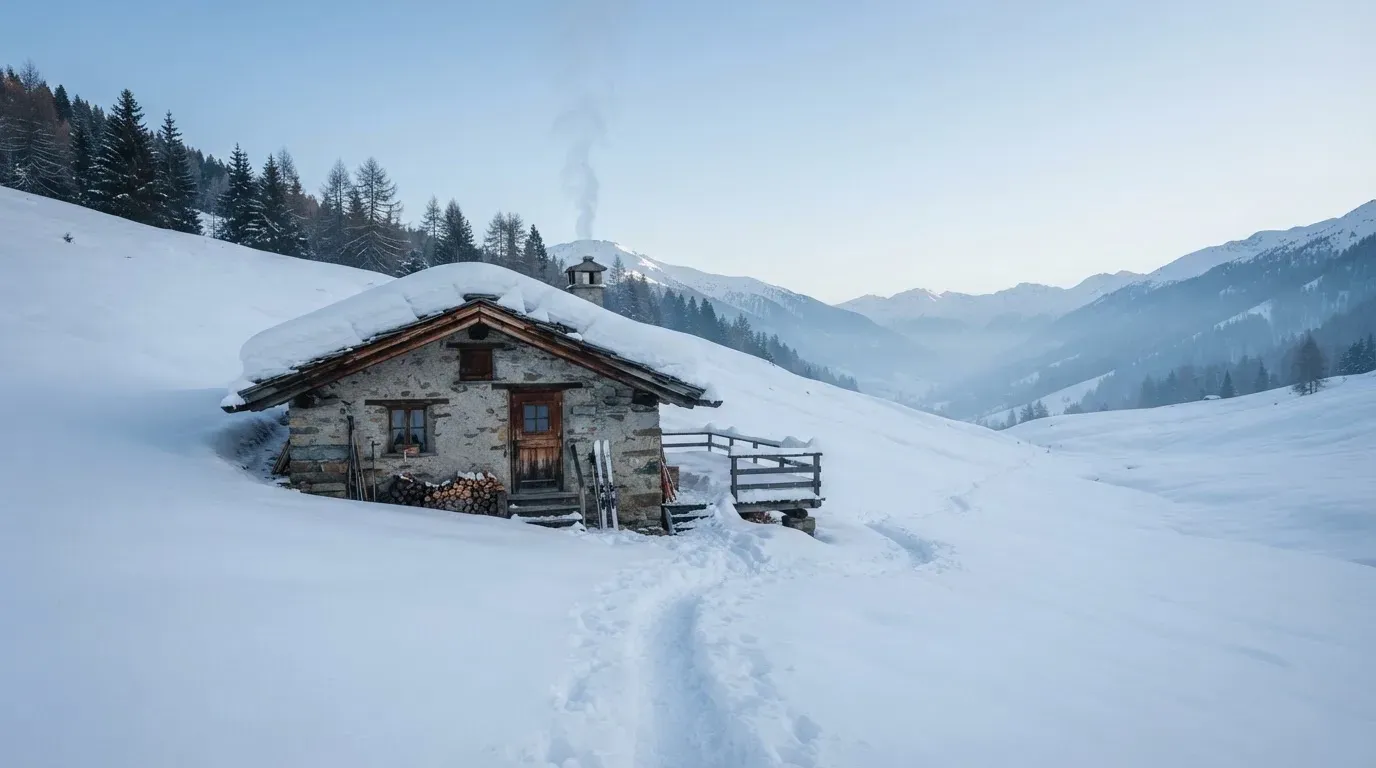 Eine Berghütte im Schnee mit rauchendem Kamin steht vor klarem Himmel, ein Pfad führt in die Stille.