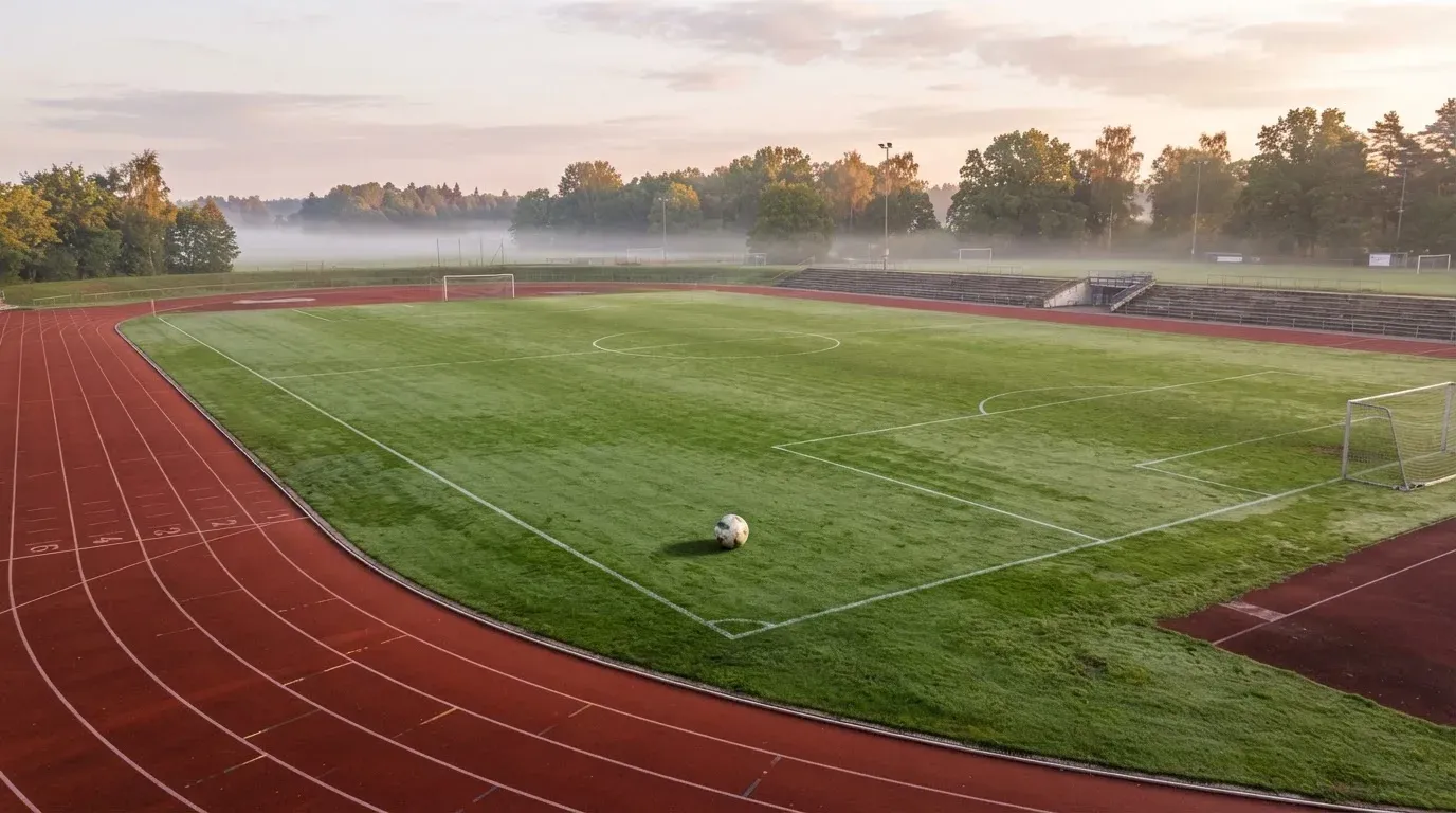Eine rote Laufbahn umringt ein Fussballfeld beim Sonnenaufgang, auf dem Rasen liegt Tau.