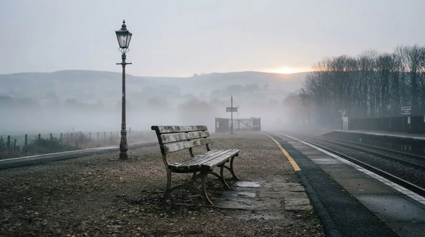 Ein leerer Bahnsteig mit einer Holzbank im Morgennebel, dahinter sanfte Hügel.