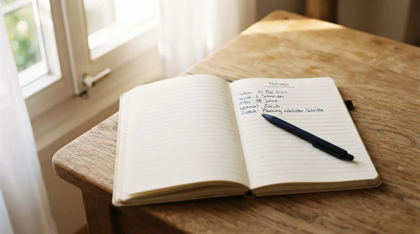 Ein aufgeschlagenes Notizbuch mit handschriftlichen Notizen und ein Kugelschreiber liegen auf einem Holztisch neben einem Fenster mit Tageslicht.