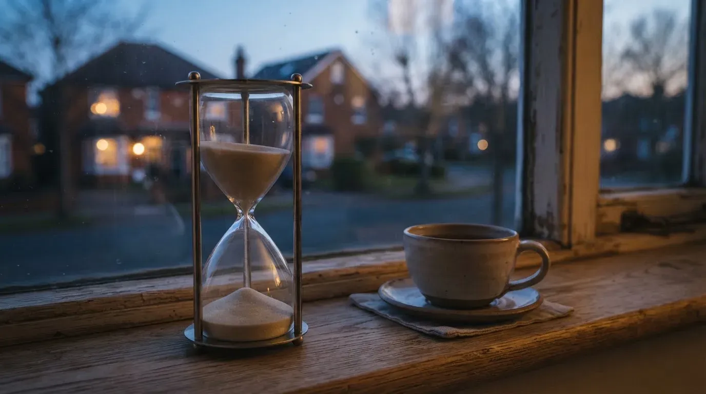 Eine Sanduhr steht auf einem Fensterbrett neben einer Tasse Tee, draussen dämmert es über einer ruhigen Strasse.