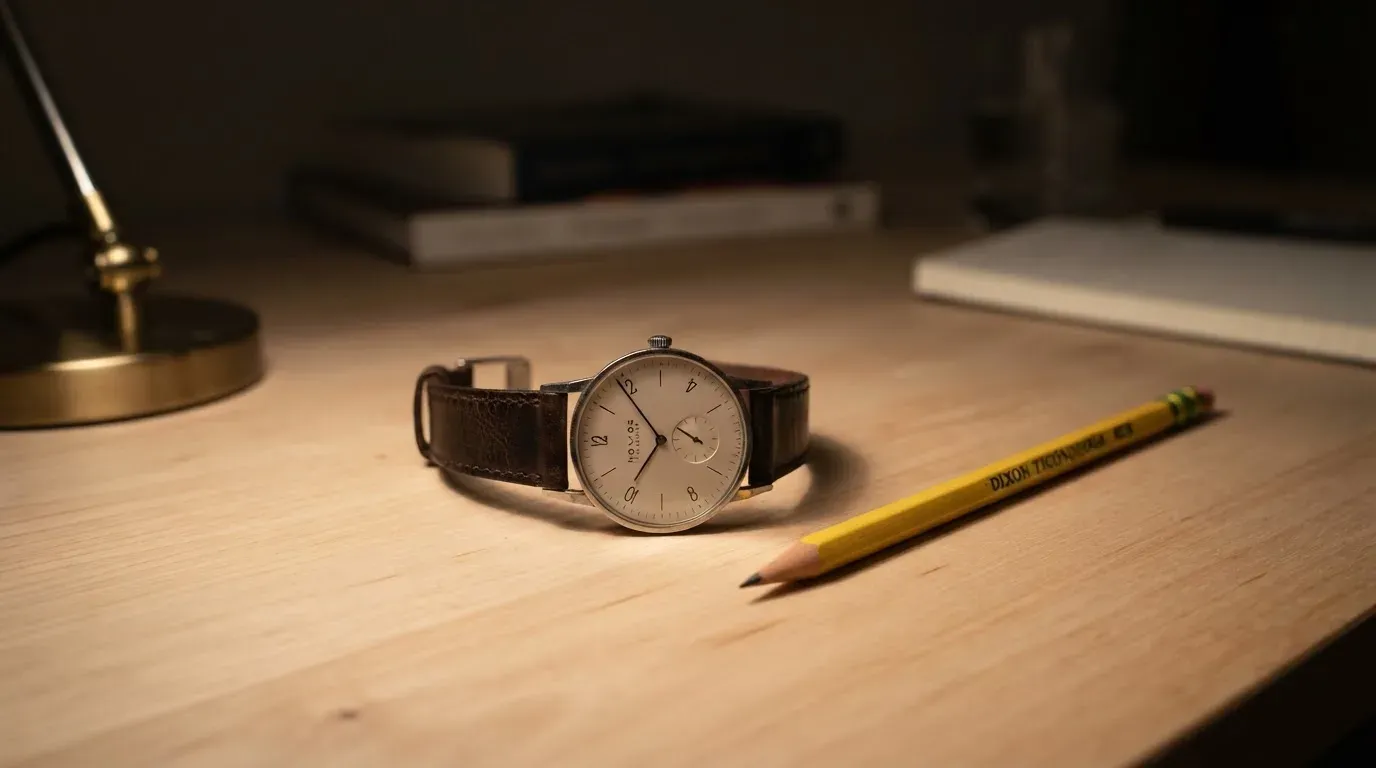 Eine Armbanduhr und ein gespitzter Bleistift liegen auf einem hellen Holztisch im Licht einer Schreibtischlampe.