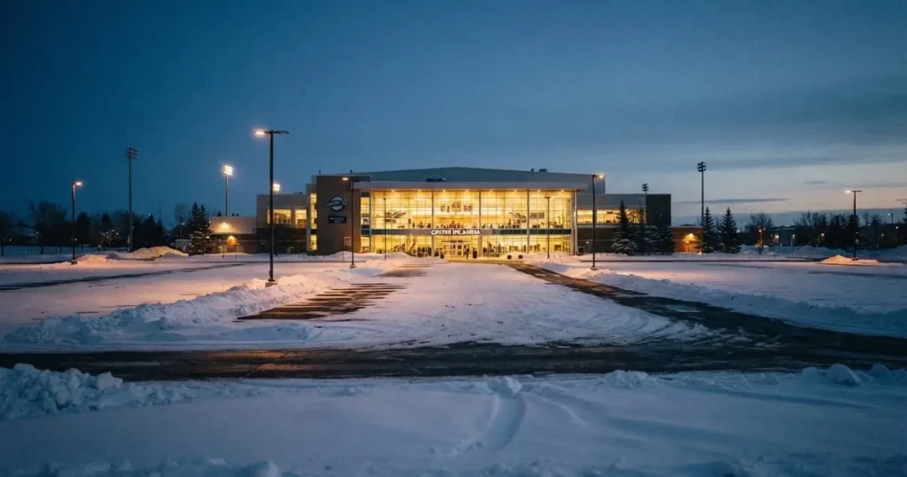 Eine Eishalle steht in der Dämmerung unter Flutlicht, aus der Ferne gesehen, davor ein leerer Parkplatz mit Schnee.
