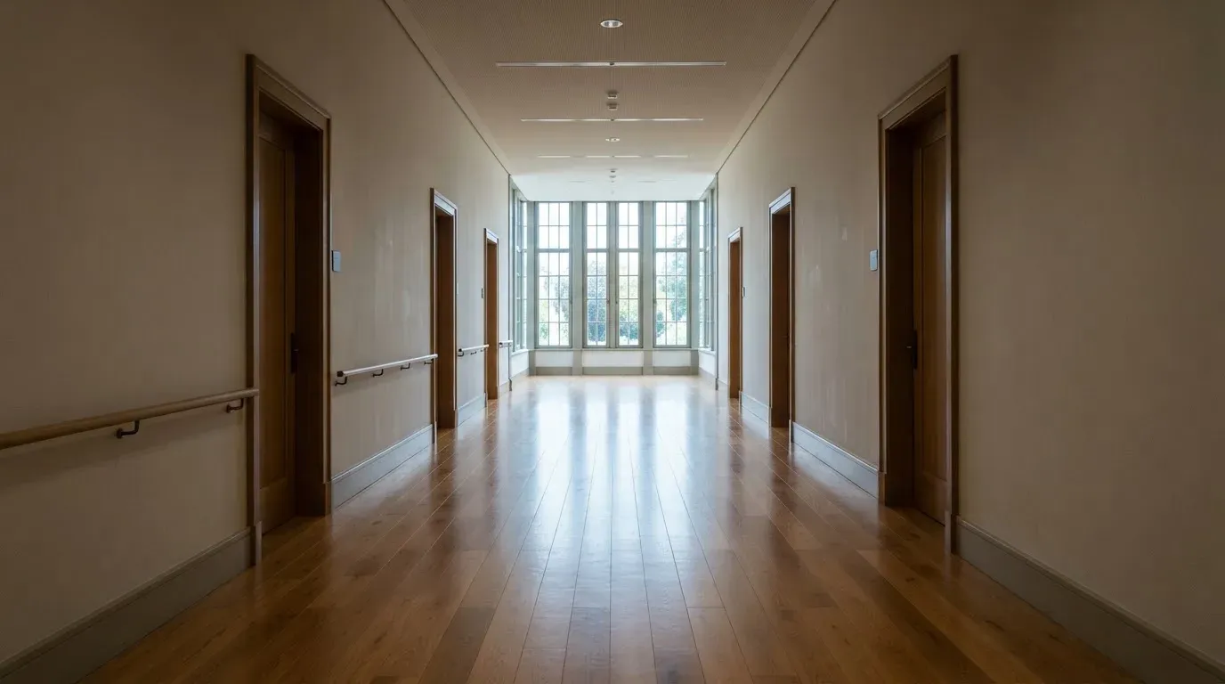 Ein langer, heller Flur in einem Verwaltungsgebäude mit Holzboden und hohen Fenstern am Ende, menschenleer.