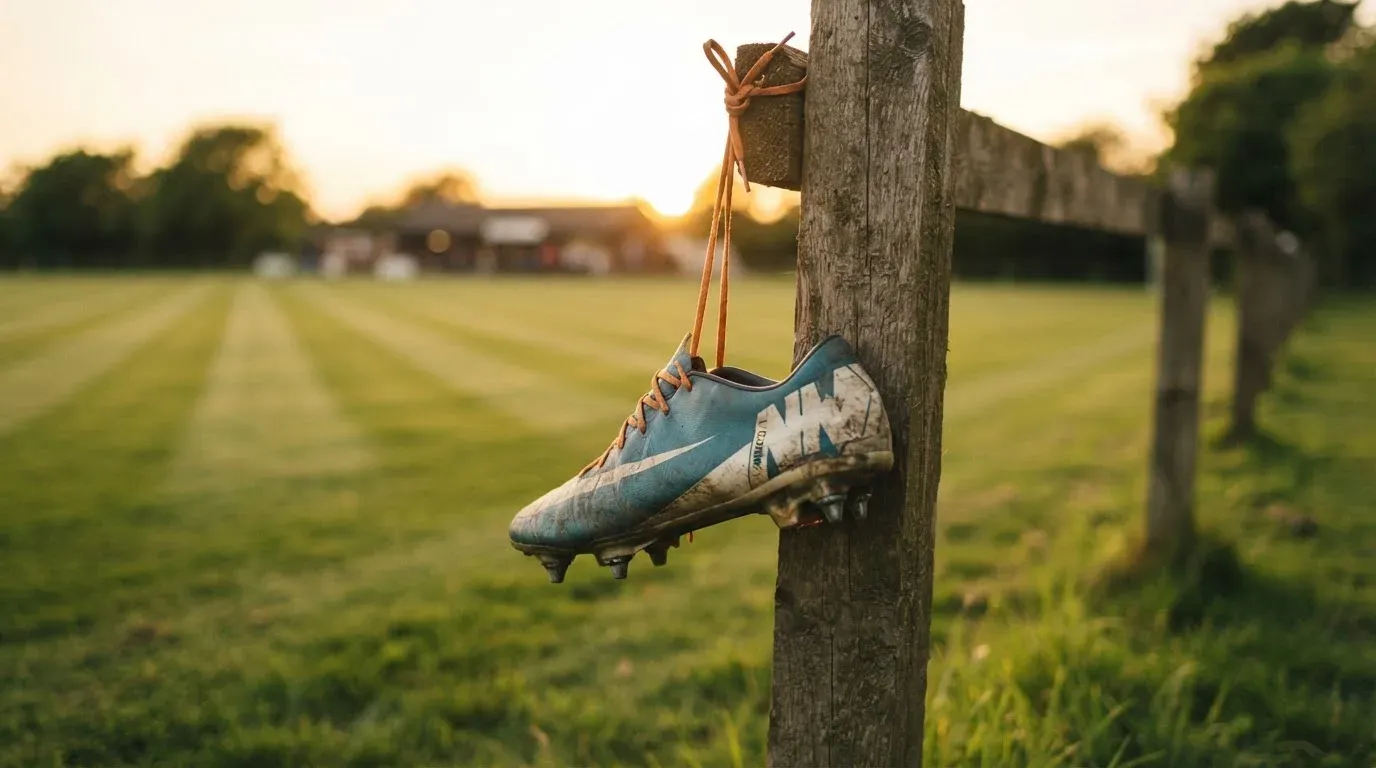 Ein Fussballschuh hängt an den Schnürsenkeln an einem Zaunpfosten neben einem Trainingsplatz im Abendlicht.