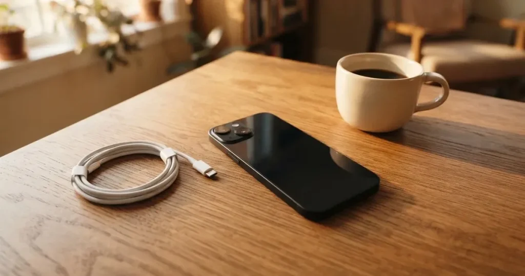 Ein Smartphone mit dunklem Display liegt auf einem Holztisch neben einem Ladekabel und einer Kaffeetasse.