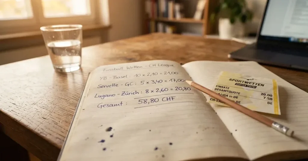 Ein Taschenrechner und ein Bleistift liegen auf einem Holztisch, daneben steht ein halb gefülltes Glas Wasser.