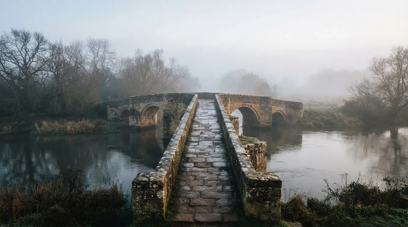 Eine Steinbrücke führt im Frühnebel über einen Fluss, auf dem Fussweg ist niemand zu sehen.