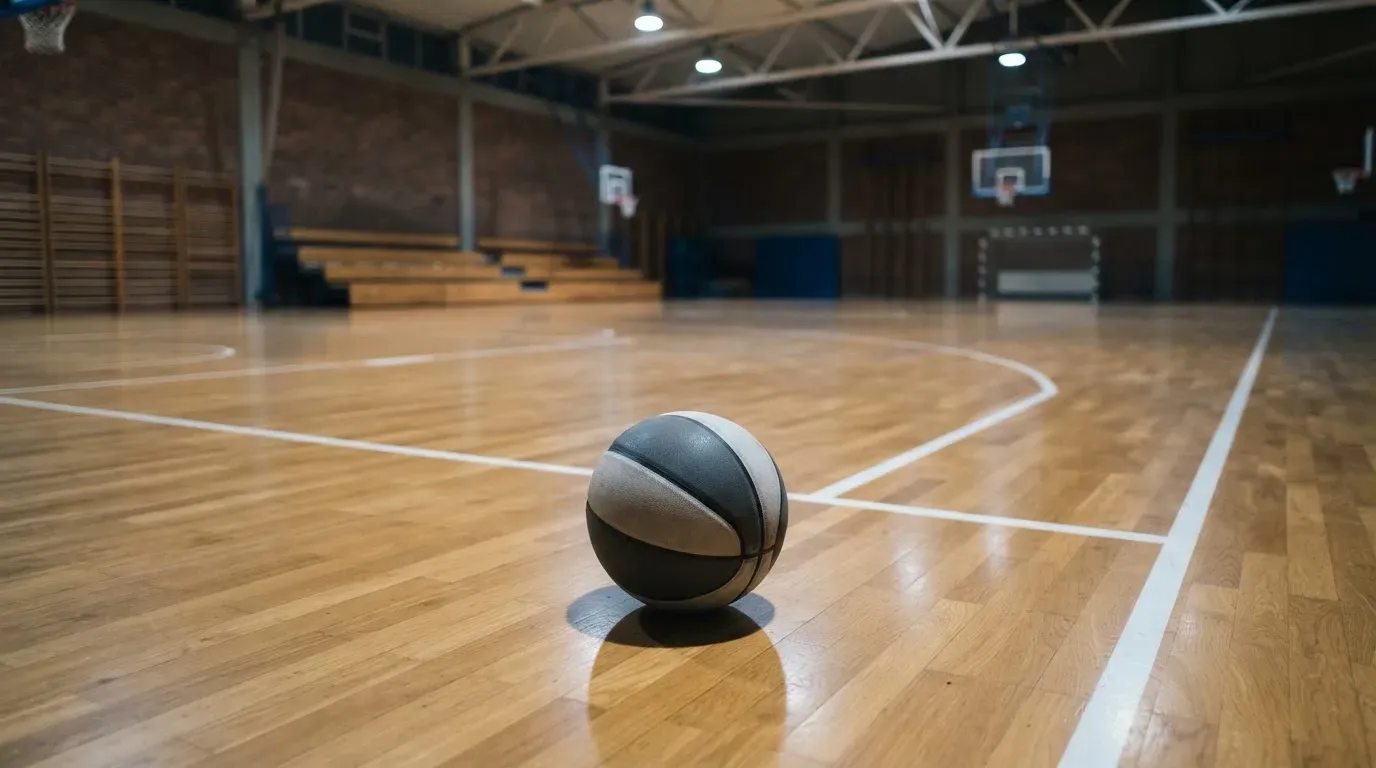 Ein Basketball liegt auf dem Parkett einer leeren Sporthalle im Licht der Deckenlampen.