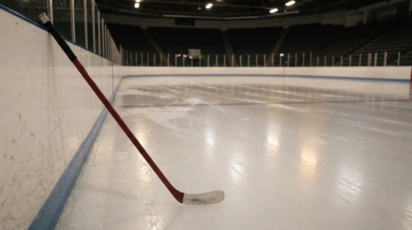Ein Eishockeyschläger lehnt an der Bande einer leeren Halle, auf dem Eis spiegeln sich die Deckenlampen.