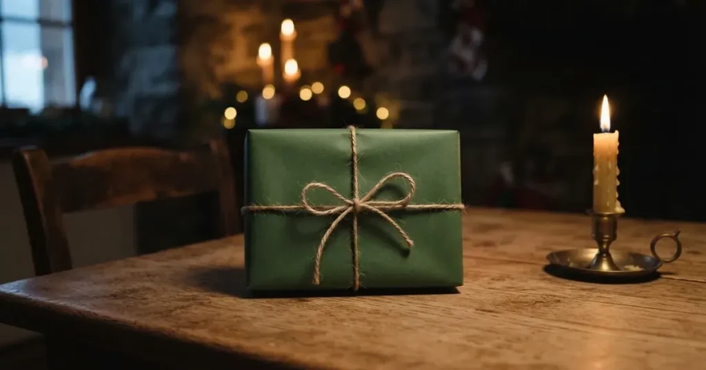 Ein einzelnes Geschenkpaket mit Schnur liegt auf einem Holztisch neben einer brennenden Kerze.