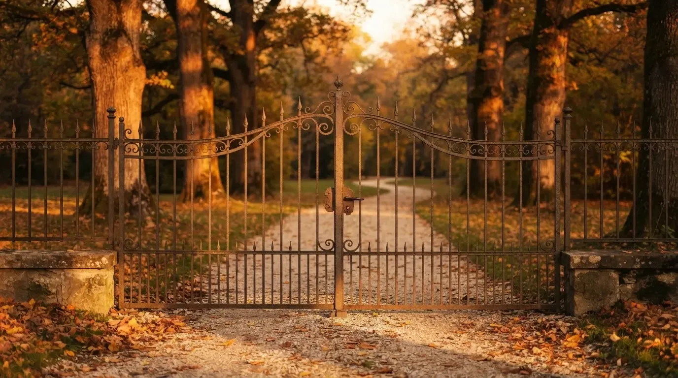Ein geschlossenes Tor aus Schmiedeeisen steht vor einem Park im Herbstlicht, auf dem Kies liegt Laub.