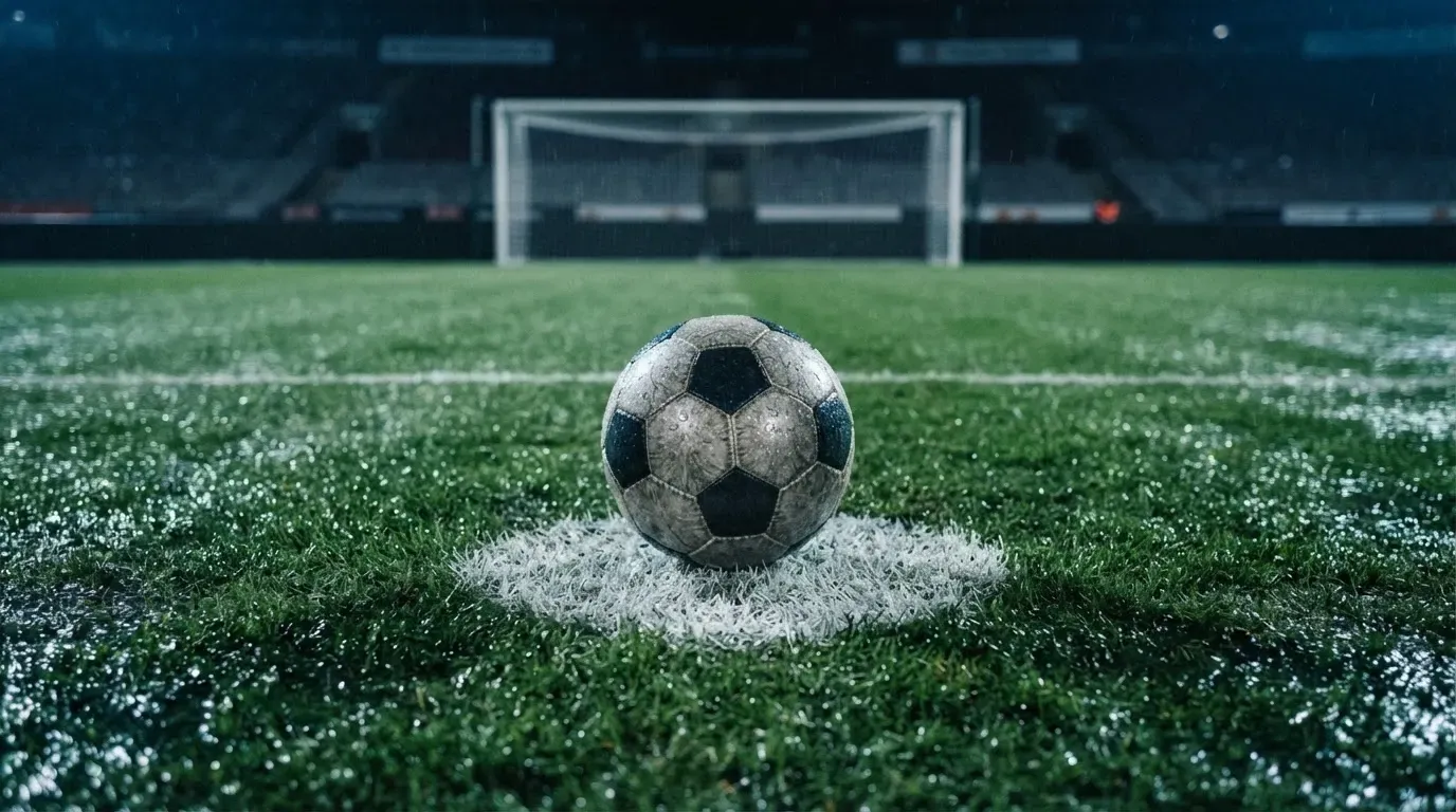Ein einzelner Fussball liegt auf dem Elfmeterpunkt eines leeren Strafraums, der Rasen glänzt nass.